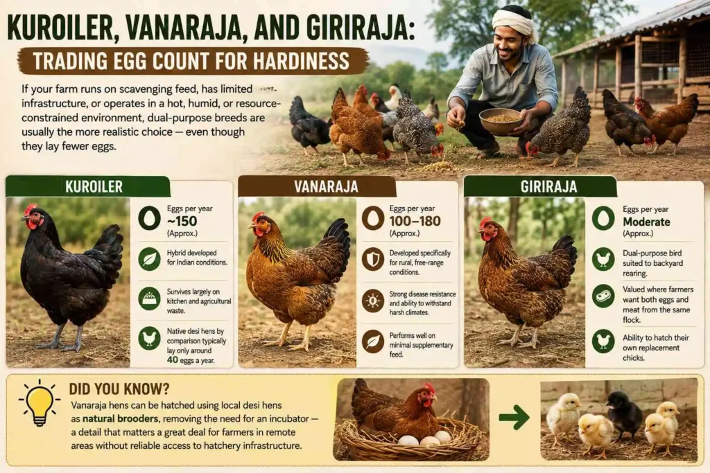 Kuroiler, Vanaraja, and Giriraja: Trading Egg Count for Hardiness